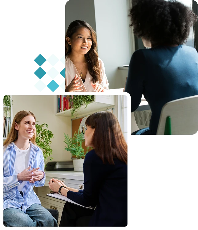 Two pairs of women engaged in deep conversation in casual settings.